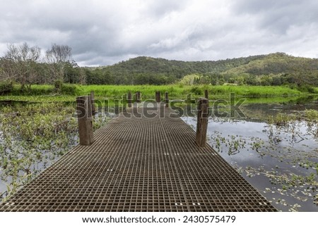 A Jetty in a lake in diminishing perspective with grass islands, forested hills and overcast sky in the background at Cramm's Farm in New South Wales, Australia. Royalty-Free Stock Photo #2430575479