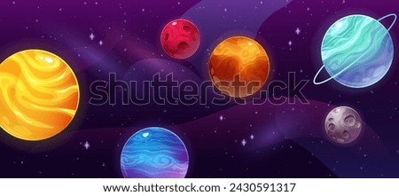 Colorful space background with planets, stars and nebulae. Cartoon vector illustration in gradient for games, children, for Cosmonautics Day Royalty-Free Stock Photo #2430591317