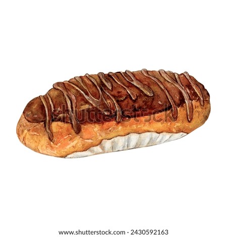 Cake eclair chocolate watercolor drawing cream. Icing bakery tasty dessert illustration. Sweet day pastry aquarelle picture isolated on white background. Delicious whipped profiterole. Sauce puffs