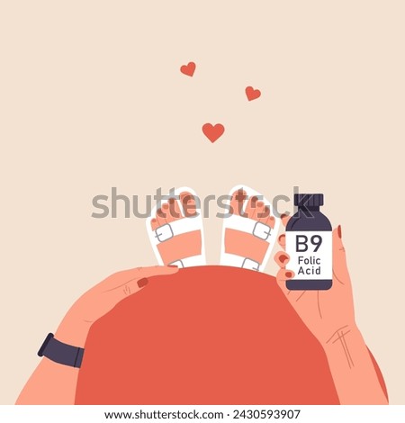 Folic acid. Female hand holding vitamin B9. Top view of pregnancy belly. Risk reducing. Woman taking vitamins for baby health. Supplements for pregnant. Vector illustration in flat cartoon style. Royalty-Free Stock Photo #2430593907