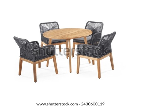 Rattan beige chairs and glass table outdoors,three seats, white background
