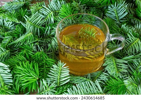 a beverage made of pine needles in a cup with green fir needles on a background of pine needles close-up Royalty-Free Stock Photo #2430614685
