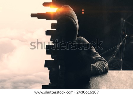 Hacker with laptop using laptop at desk on abstract concrete city and sunset polygonal background. Hacking and malware concept. Double exposure