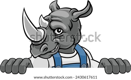 A rhino cartoon animal mascot gardener, carpenter, handyman, decorator or builder construction worker peeking around a sign