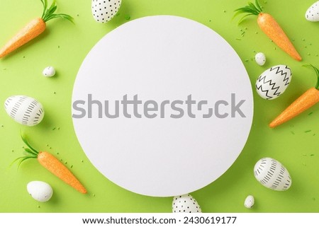 Easter mood setup: From top view, picture of assorted eggs, carrots as bunny offerings, and sprinkles on a pastel green canvas, with an empty circle for text or publicity