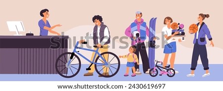 Sport goods store. Customers standing in waiting line at checkout. Shopping day. People with bicycles, skis and balls. Seller at cashier. Visitors buying sportswear