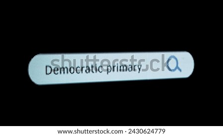 Shot of monitor screen. Pixel screen with animated search bar, keywords Democratic primary typed in, browser bar with magnifying glass and text headline.