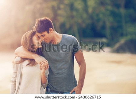 Couple, holding hands and hug on beach date in outdoors, love and bonding in relationship on vacation. Happy people, embrace and support in marriage on weekend, sunset and walking on sand for travel Royalty-Free Stock Photo #2430626715