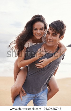Couple, sea and piggyback with fun, smile and nature with travel and date for relationship. Man, woman and indonesia beach for adventure, vacation and tropical holiday with sunshine and portrait Royalty-Free Stock Photo #2430626743