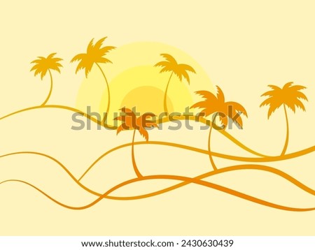 Tropical landscape with palm trees at sunset in a minimalistic style. Linear wavy landscape with palm trees. Design of advertising brochures, banners, posters and travel agencies. Vector illustration