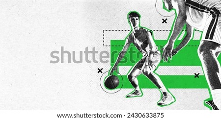 Poster. Dynamic movement. Two athlete men, playing basketball in action against background with geometry shapes. Modern aesthetic artwork. Grainy fabric effect. Concept of sport, championship, motion. Royalty-Free Stock Photo #2430633875