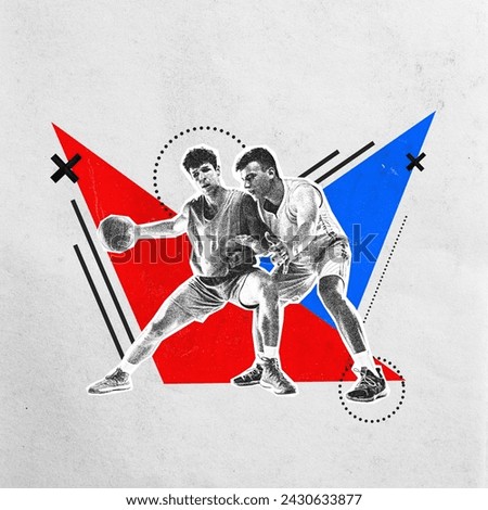 Poster. Modern aesthetic artwork. Two sportsman, plyers, opponents playing basketball in motion. Grainy fabric effect. Concept of professional sport, championship, tournament, active games, action. Ad Royalty-Free Stock Photo #2430633877