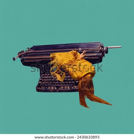 Modern aesthetic artwork. Person with long hair merged with typewriter against teal background. Vintage and surrealism art style. Concept of vintage things, mix old and modernity. Copy space for ad