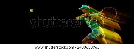 Banner. Sportswoman in tennis uniform hits ball against black studio background with negative space to insert text. Motion blur effect. Concept of sport, active lifestyles, tournaments, movement.