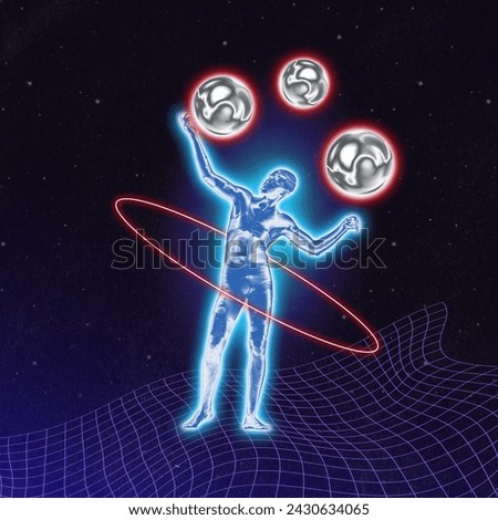 Poster. Modern aesthetic artwork. Neon glowing, silver human figure playing with cosmic planets against starry background with grade. Futurism art style. Concept of metaverse, astronomy. Retro wave