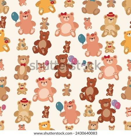 Brown and white teddy bears holding balloons in a seamless pattern