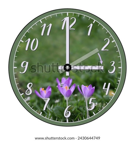 The clock shows the hand moving forward from 2 a.m. in winter to 3 a.m. in spring. Daylight saving time. The transition of time, the change of time, the shift to summer time. Isolated on white. Royalty-Free Stock Photo #2430644749