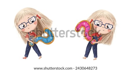 Cute little girl with chocolate donut- interrogative sign. Tasty set on white background. Learn alphabet clip art collection