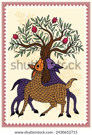 Tranquil Encounter: A Serene Madhubani Depiction of Deer and Tree, Echoes of the Forest: A Handpainted Journey with Deer and Tree in Madhubani. Folk art, Madhubani painting, Handpainted. Royalty-Free Stock Photo #2430652715
