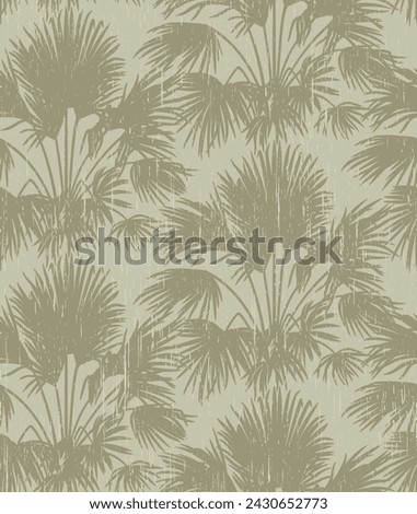 Seamless pattern with silhouettes of palm trees with vintage aged texture. Vector floral background. Delicate gray-green color.