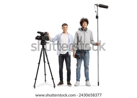 Team of boom and camera operators with recording equipment isolated on white background