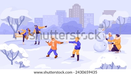 Winter holiday game, funny activity, kid play snowballs, girl make snowman, lovely couple ice skating. Street urban panorama. Recreation in public park. Christmas landscape. Vector illustration