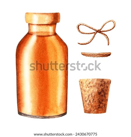 A set of glass oil bottle, jar, cork and decorative rope jute string. Hand drawn watercolor illustration isolated on white. For clip art template label