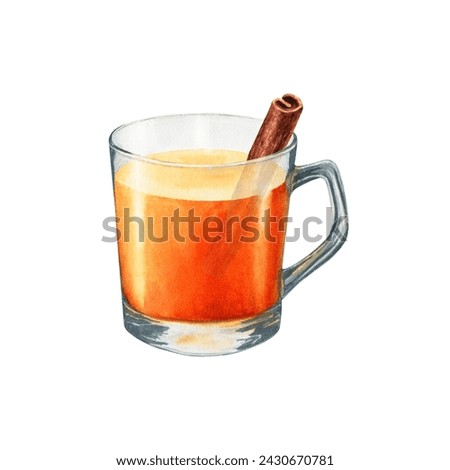 A cup of tee with rolled strip of cinnamon. Hand drawn watercolor food illustration isolated on white background. For clip art cards menu label package