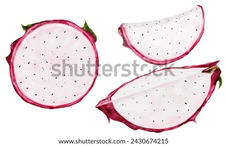 Dragon fruit Watercolor realistic clip art. Pieces of ripe pitahaya cut on an isolated yellow background. For menu design and packaging design.