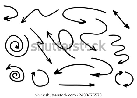set of different hand drawn ink arrows. Direction signs, movement, icons. Bundle, clip art