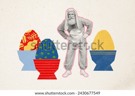 Creative 3d photo artwork collage of old grandpa bunny costume easter eggs egg cup hunt game suspect hide celebration isolated on grey color background Royalty-Free Stock Photo #2430677549