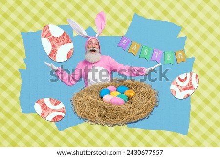 Creative 3d photo artwork collage of grandpa bunny costume easter egg hunt nest game atmosphere decoration celebration isolated on colorful background