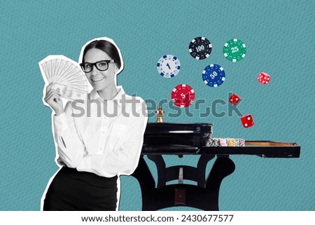 Creative collage picture illustration monochrome effect silhouette happy successful young woman play poker winner money colorful banner