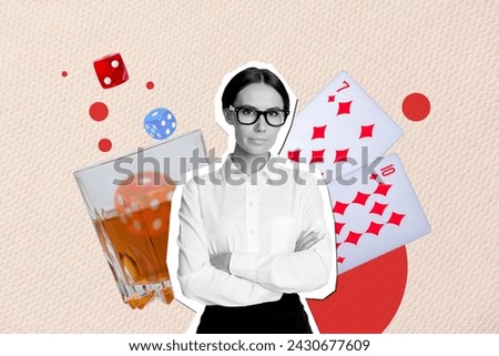Creative collage picture illustration monochrome effect silhouette serious office wear woman cross hand play poker drink alcohol sketch