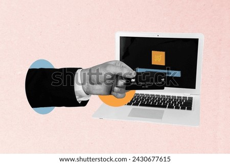 Creative photo collage picture human arm credit card payment checkout retail buy ecommerce digital eshop purchase laptop