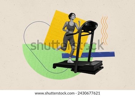 Photo banner collage of young strong girl running racetrack in activewear motivated sports woman isolated on beige color background