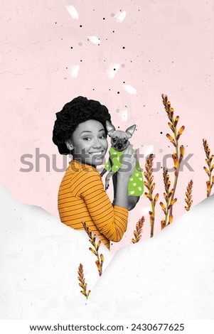 Vertical collage picture of black white colors cheerful girl arms hold chihuahua puppy dog growing snow flowers isolated on painted background