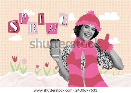 Trend artwork photo collage composite sketch image of smiled lady show gesture thumb hold coffee cup takeaway in hand spring season here