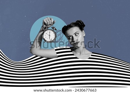Collage image of unsatisfied black white effect girl look arm hold bell ring clock isolated on drawing zebra striped background