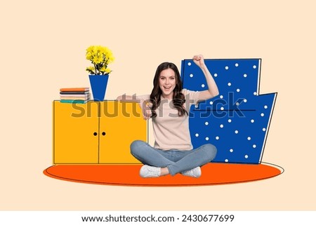 Collage creative picture image illustration excited happy smile young woman sit floor interior sketch paint colorful template