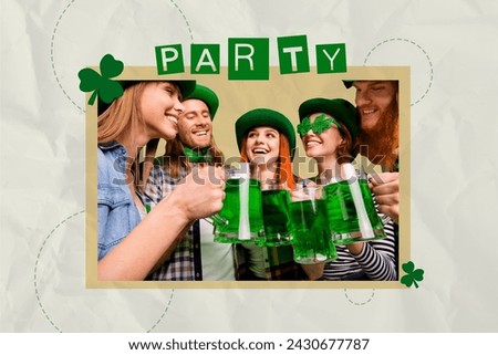 Collage photo picture of smiling cheerful company gathering together to celebrate saint patrick day party drinking beer cheers