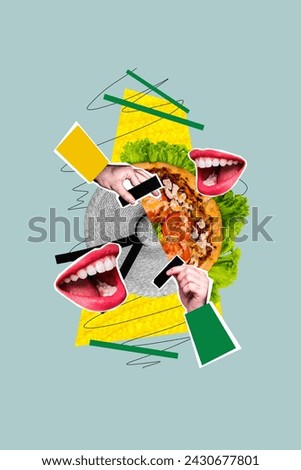 Vertical collage picture of people arms smiling mouth half straw sunhat pizza isolated on creative painted background
