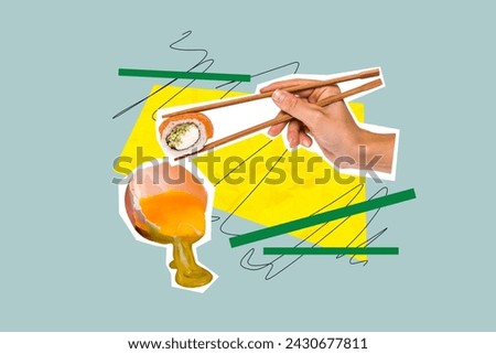 Photo cartoon comics sketch collage picture of arm eating chopsticks sushi egg sauce isolated graphical background