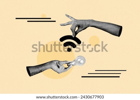 Concept collage of contemporary design image smart lightbulb control using wifi connection to save electricity isolated on beige background