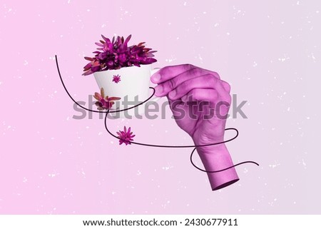 Composite 3d photo artwork graphics collage of hand hold cup flower ikebana composition florist break pause hallucination isolated on painted background
