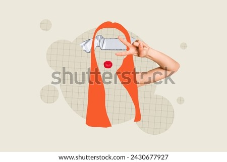 Composite 3d photo artwork image collage of red haired girl show peace victory sign gesture blindfold red lips duck face isolated on painted background
