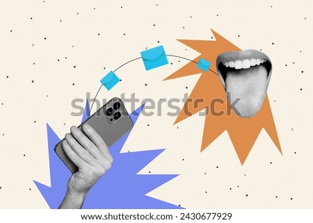 Collage artwork banner of digital app smartphone sending a message to open mouth networking email isolated on beige color background