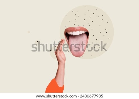 Composite collage image of arm near talking mouth whisper toothy smile communicate isolated on painting creative background