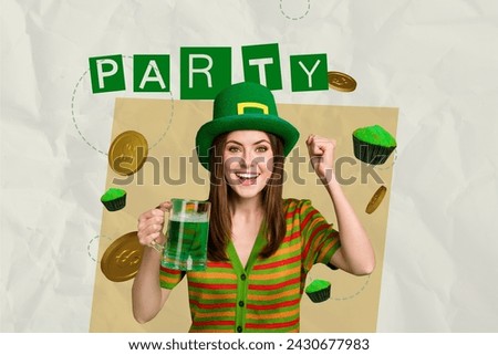 Collage 3d greeting picture of cheerful smiling girl hold mug tasty beers cheers holiday traditional party saint patrick day