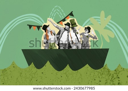 Banner brochure collage of smiling cheerful positive people celebrate together saint patricks day festival isolated on drawing background